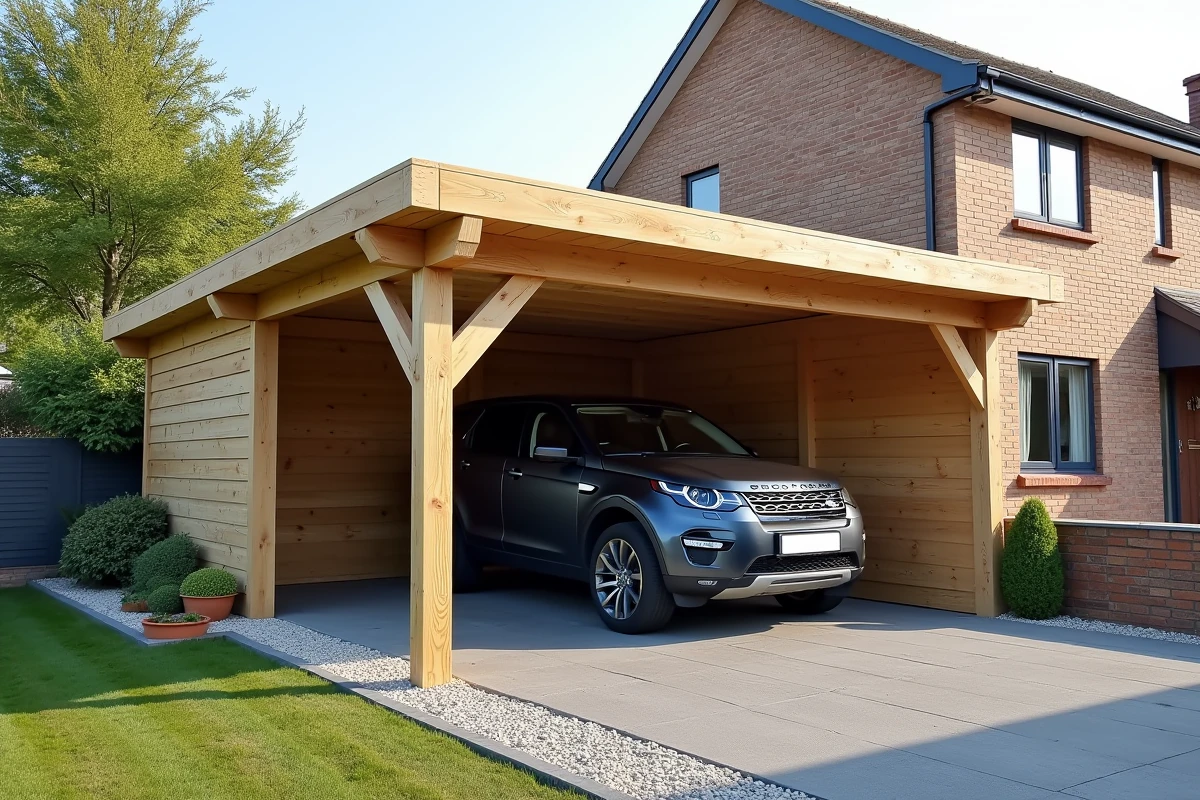 Abri voiture en bois terminé abritant un SUV dans une allée de maison pavillonnaire