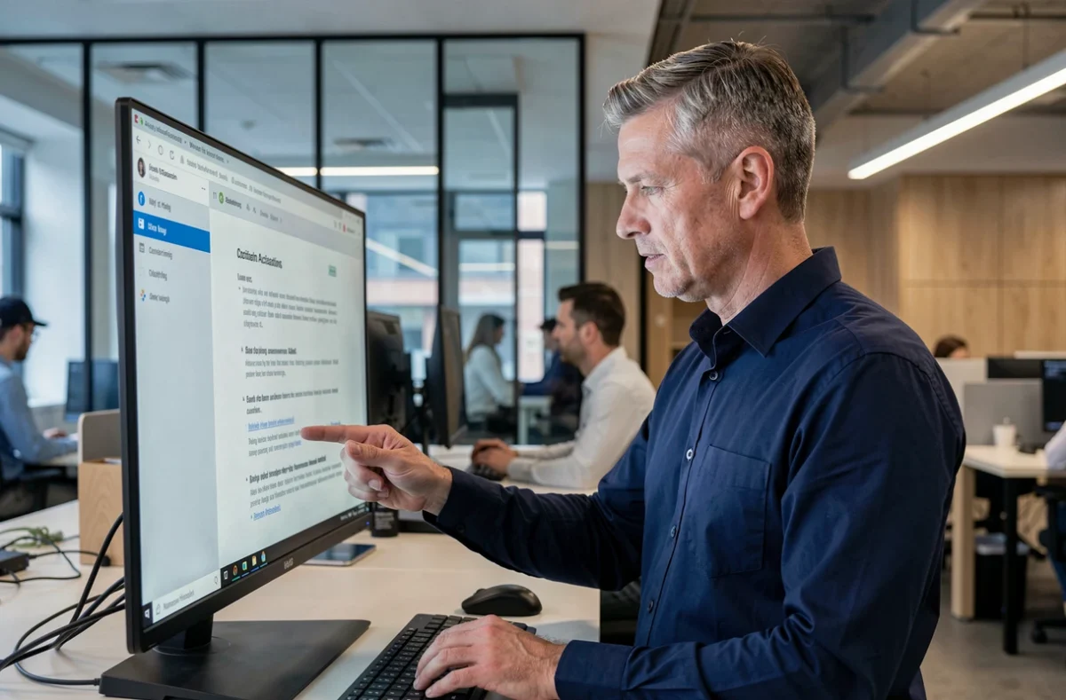 Homme consultant les étapes d'activation de son adresse email Strasbourg dans un bureau professionnel moderne