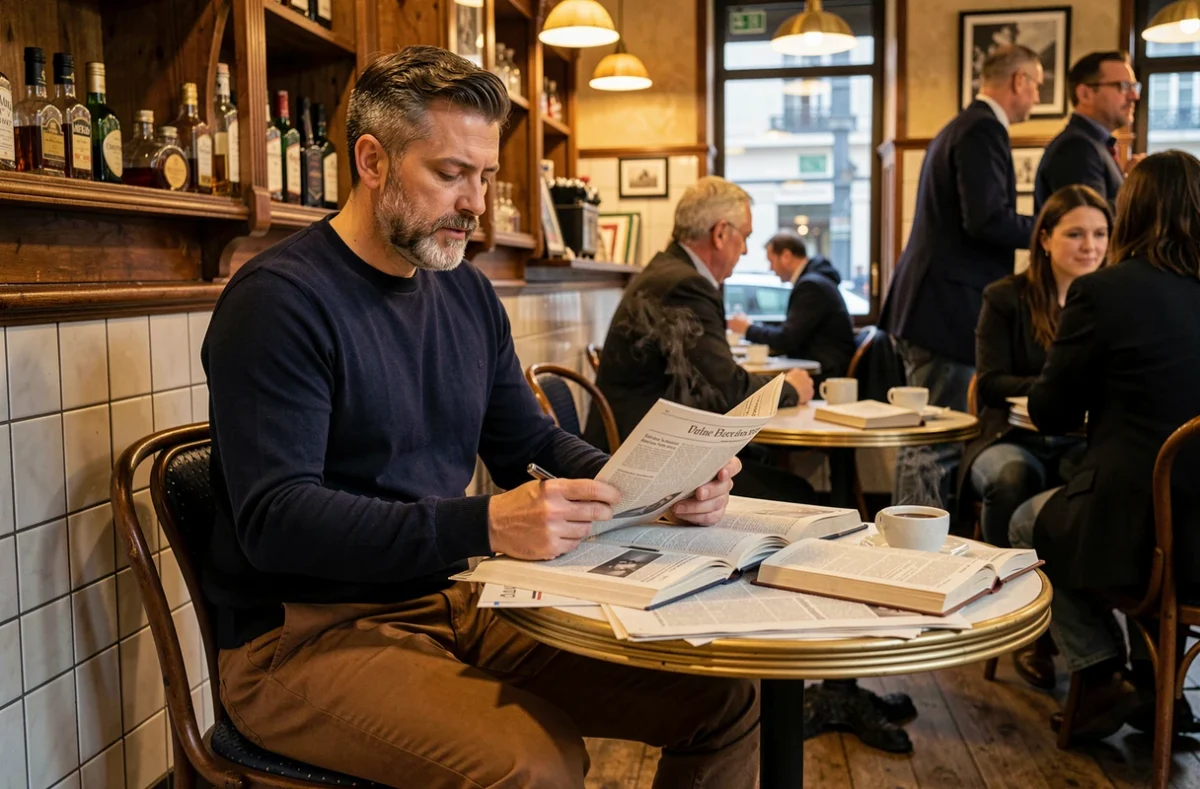 Homme lisant des journaux et magazines dans une brasserie parisienne, symbolisant la consommation de l'actualité médiatique et culturelle