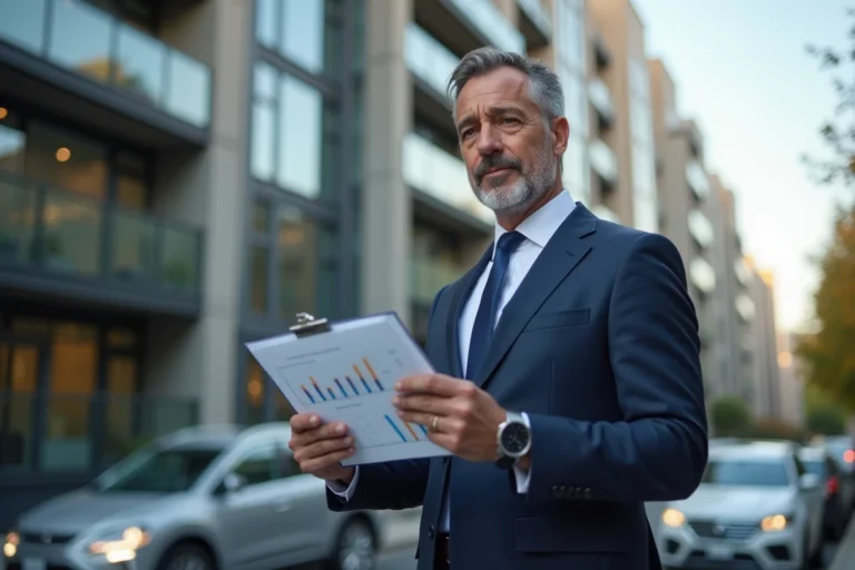 Agent immobilier consultant des prévisions de prix immobilier devant un immeuble moderne en 2027