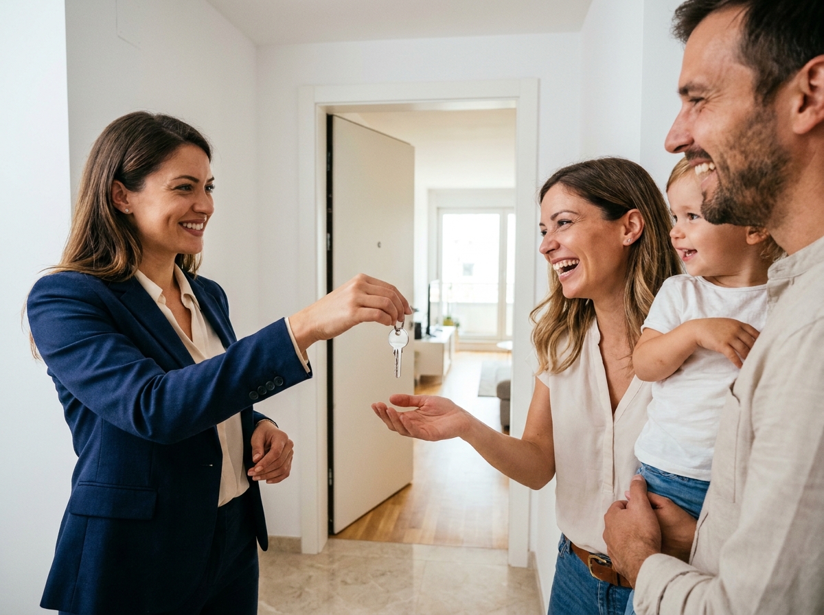 Agent immobilier remettant une clé à une famille heureuse
