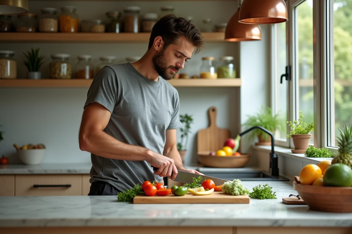 Homme préparant des légumes frais dans une cuisine moderne dans le cadre d'une alimentation saine pour le bien-être au quotidien