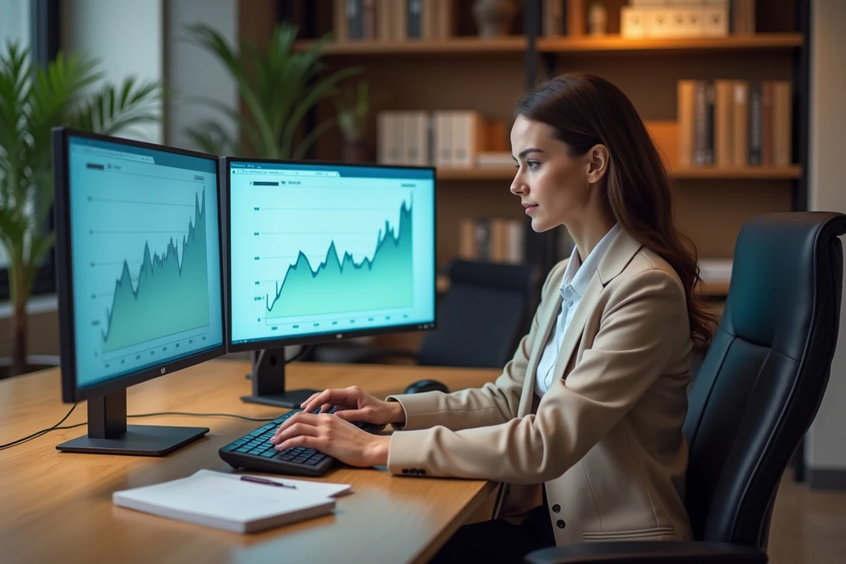 Analyste immobilière étudiant les tendances et perspectives des prix immobiliers sur écran en bureau moderne
