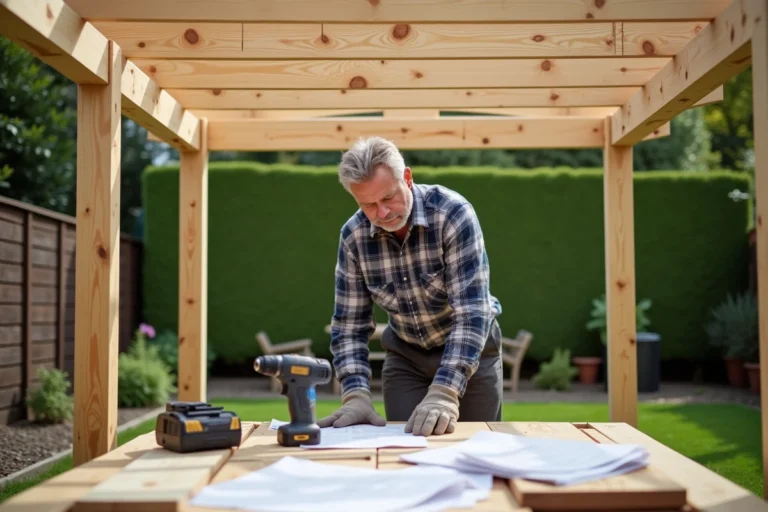 Homme assemblant la structure en bois d'un abri voiture dans un jardin de maison individuelle