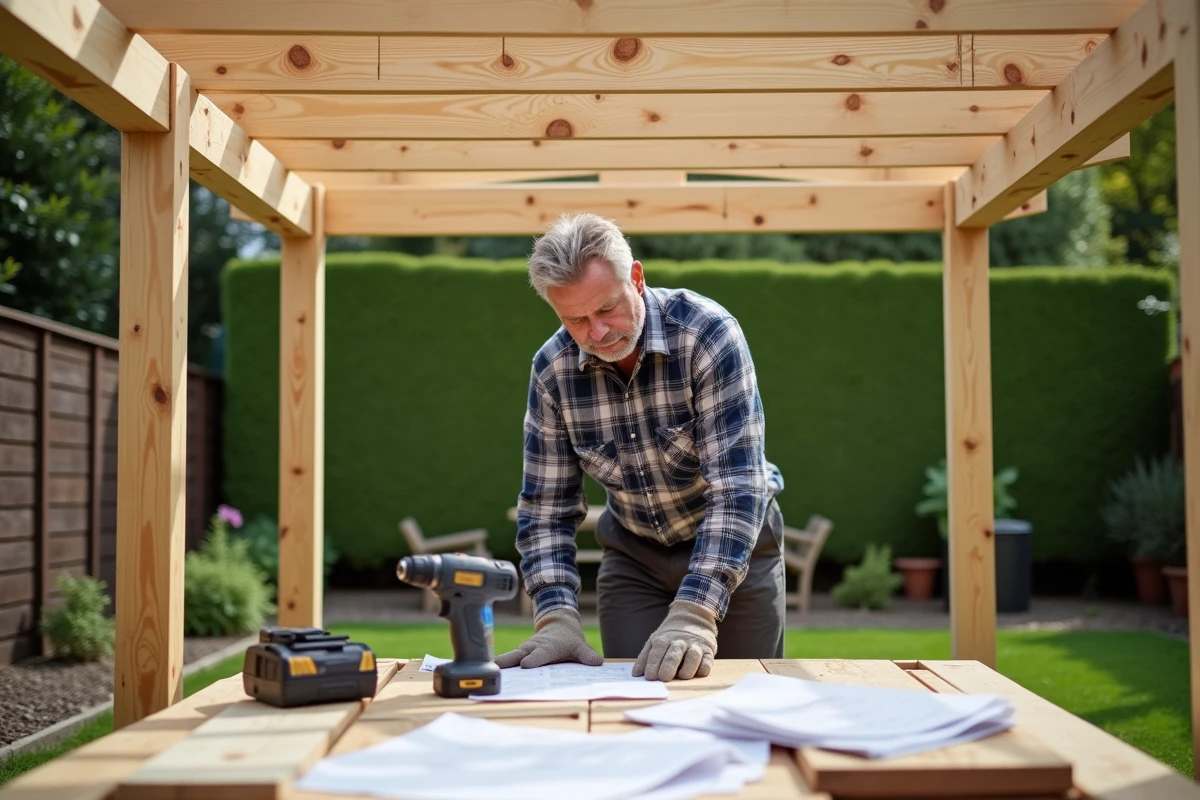 Homme assemblant la structure en bois d'un abri voiture dans un jardin de maison individuelle