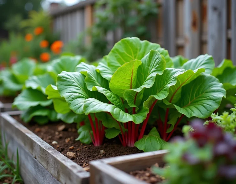 Planche de culture surélevée associant blettes, ail et capucines dans un potager familial