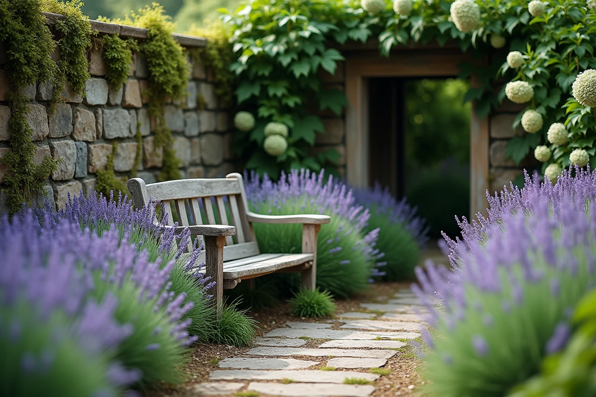 Banc en bois dans un coin de jardin fleuri entouré de lavande et d'hortensias grimpants sur un mur de pierre moussu