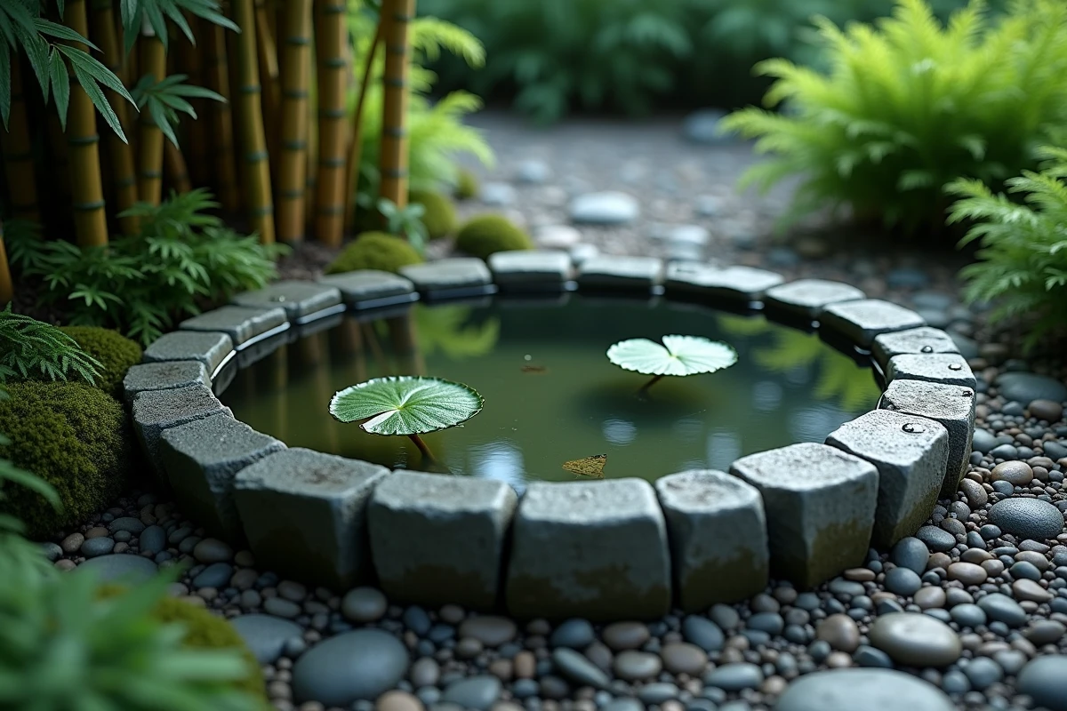 Gros plan d'un bassin en pierre de jardin zen avec reflets de fougères et cailloux lisses dans un espace verdoyant apaisé
