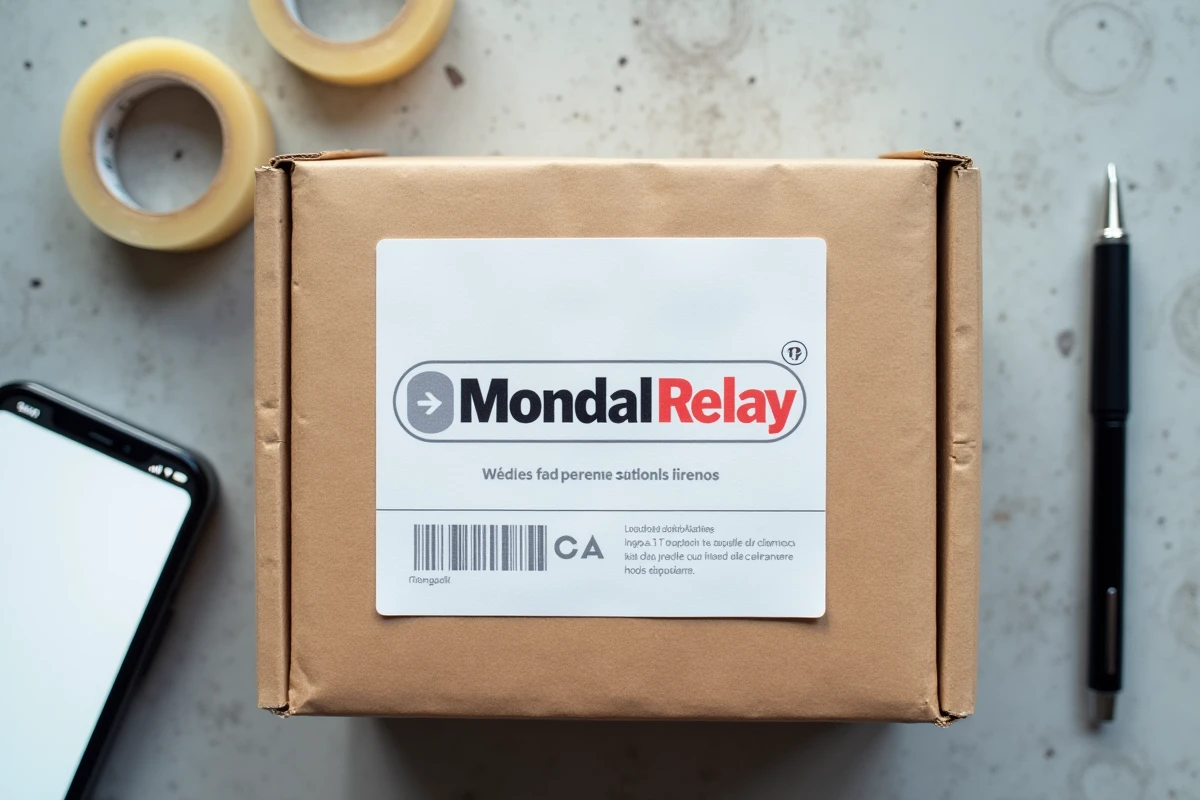 Bon d'envoi Mondial Relay imprimé posé sur un colis avec un smartphone affichant Leboncoin