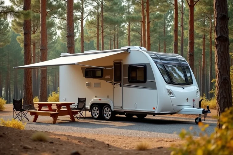 Caravane deux places compacte garée dans un camping forestier entouré de pins et de feuillages automnaux