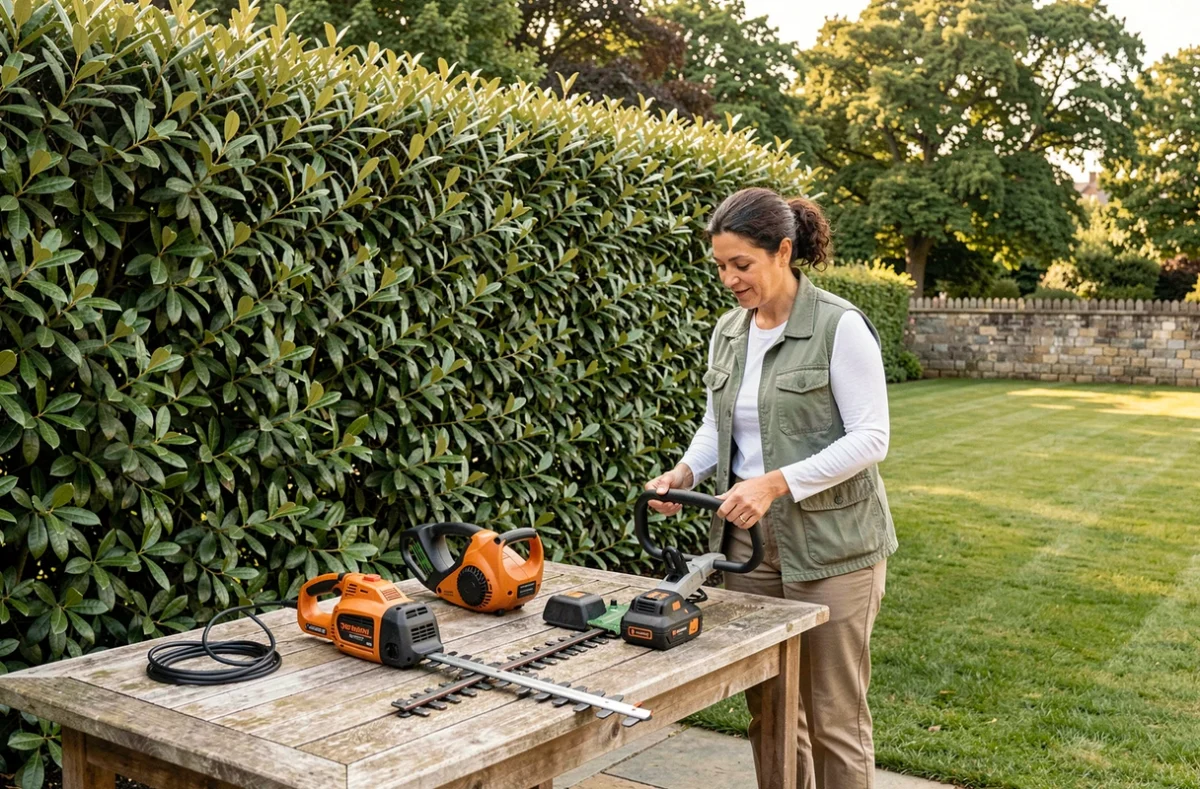 Femme comparant deux modèles de taille-haie sur une table de jardin avant d'acheter