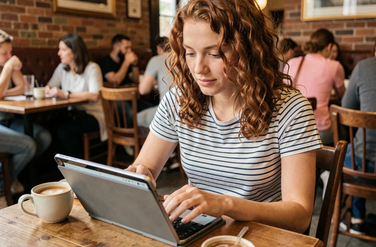 Jeune femme configurant son adresse mail Strasbourg sur une tablette dans un café au décor vintage