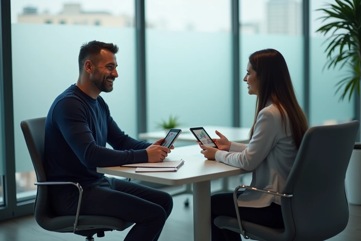Homme discutant de solutions d'optimisation budgétaire avec un conseiller financier dans un bureau professionnel