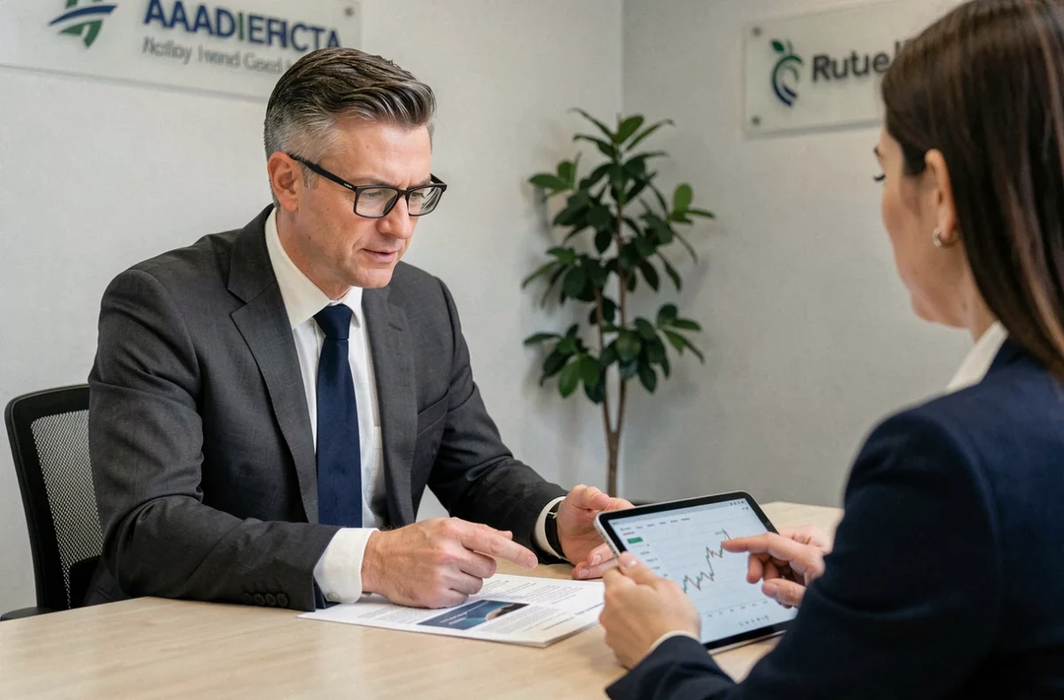 Conseiller financier présentant les tendances de taux de crédit à un client en agence bancaire