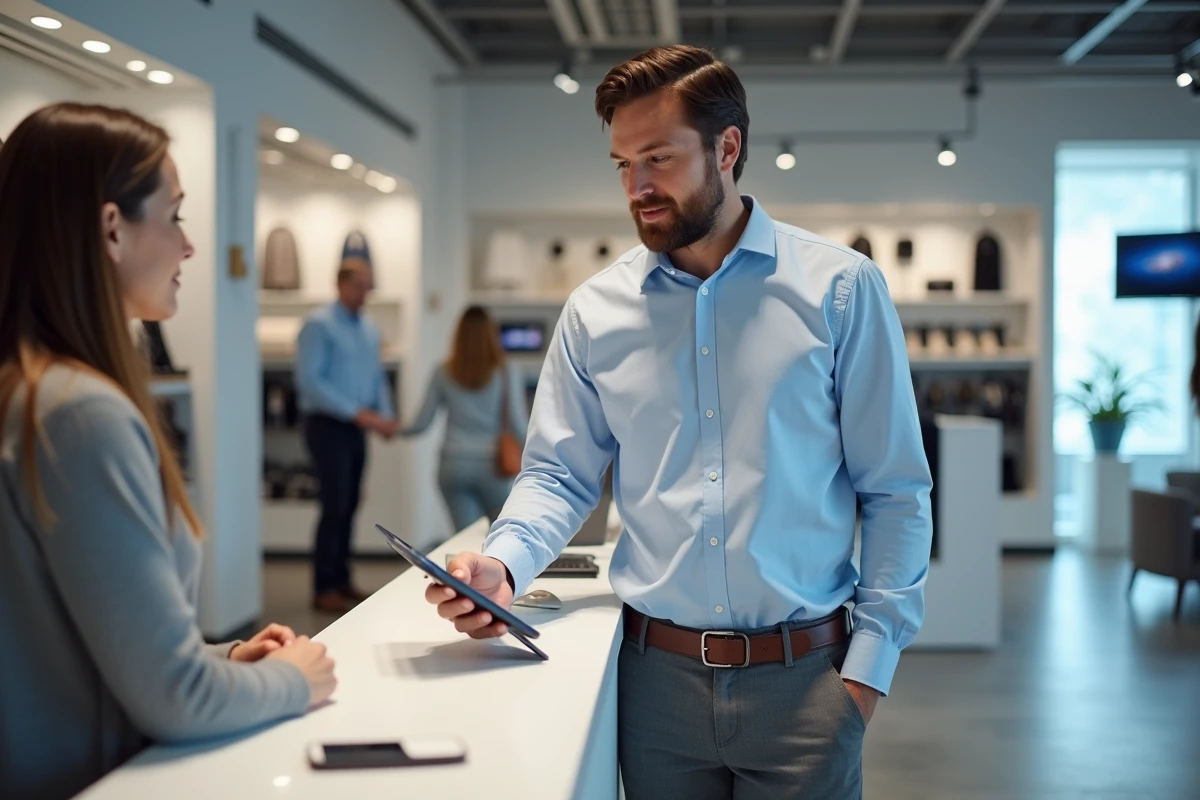 Conseiller clientèle masculin en magasin aidant un client avec une tablette dans un environnement commercial moderne