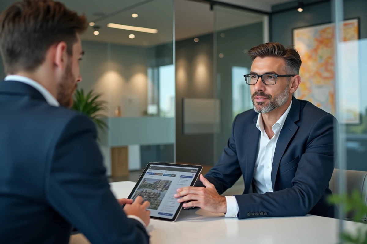 Conseiller immobilier présentant la solution Syplo à un locataire sur une tablette numérique