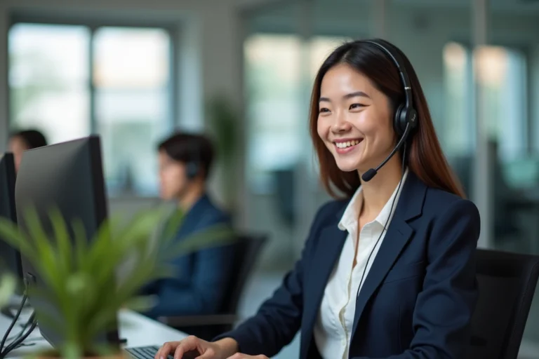 Jeune femme conseillère clientèle souriante avec casque téléphonique dans un bureau moderne en open space