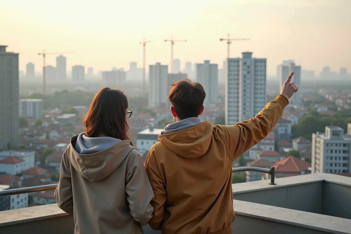 Couple de futurs acheteurs observant le marché immobilier urbain depuis le balcon d'un appartement neuf