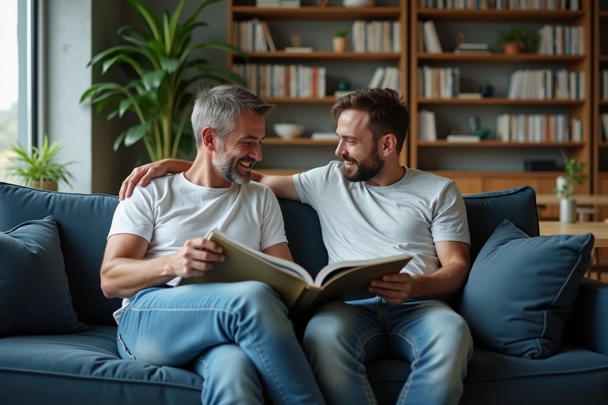 Deux hommes détendus dans un salon moderne et chaleureux, portrait intimiste d'un couple atypique à la maison