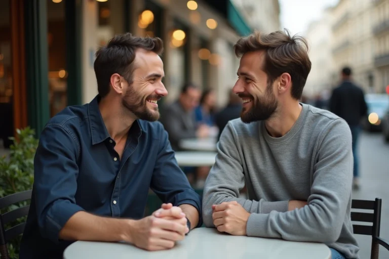 Deux hommes souriants attablés en terrasse parisienne, illustrant un couple atypique et complice