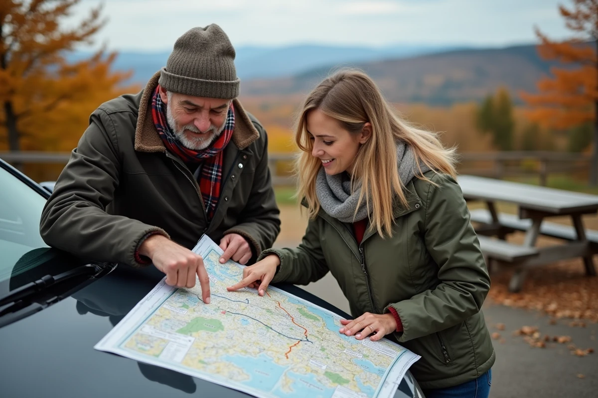 Couple regardant une carte sur le capot de leur voiture en forêt