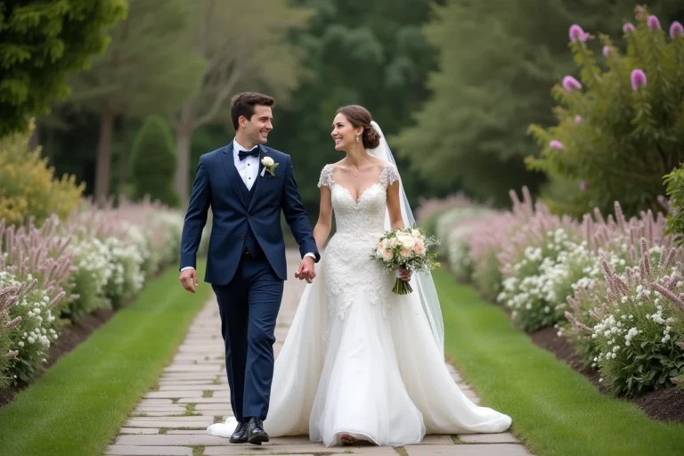 Jeune couple marié dans un jardin romantique