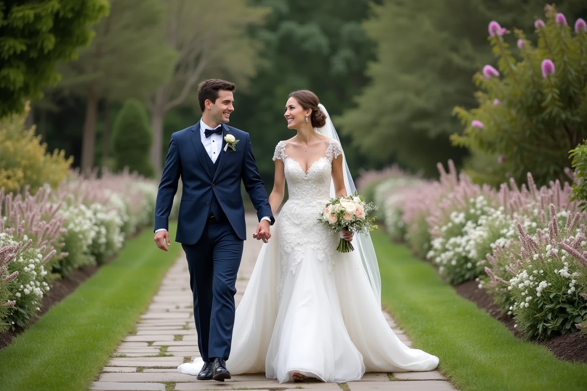 Jeune couple marié dans un jardin romantique
