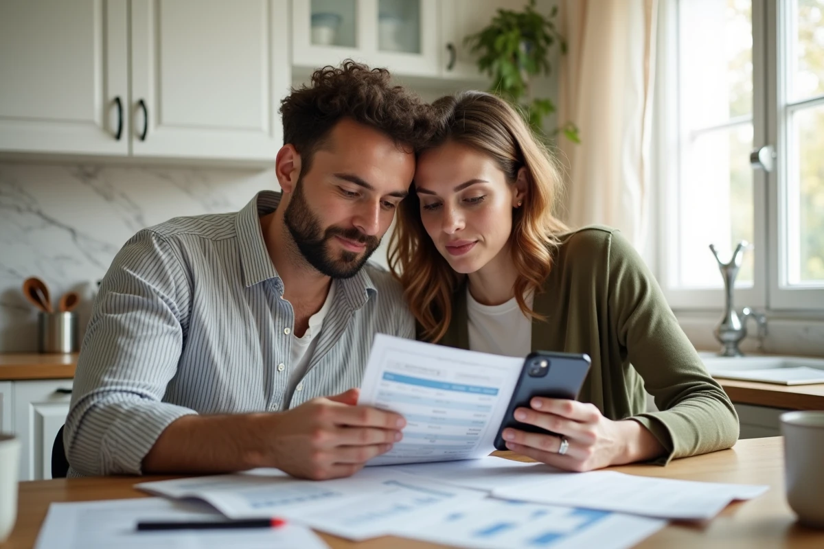 Couple planifiant leur budget familial à la table de cuisine avec une application de gestion financière