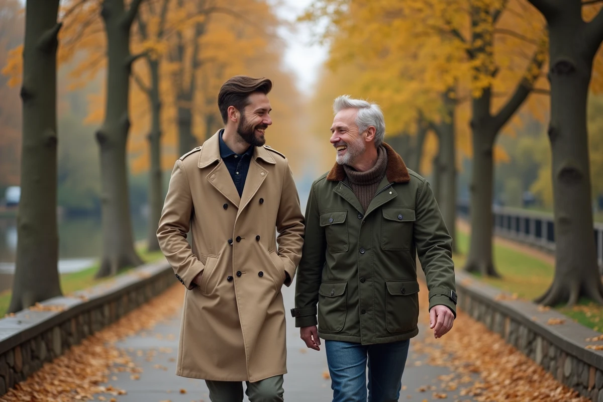 Deux hommes marchant côte à côte le long d'une promenade fluviale en automne, portrait d'un couple complice en plein air