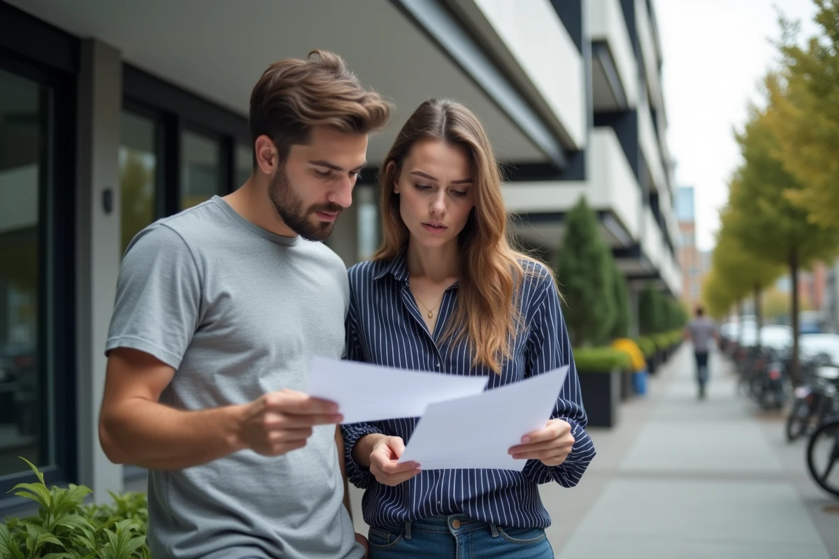 Couple examinant des documents devant un immeuble résidentiel moderne grâce à Syplo