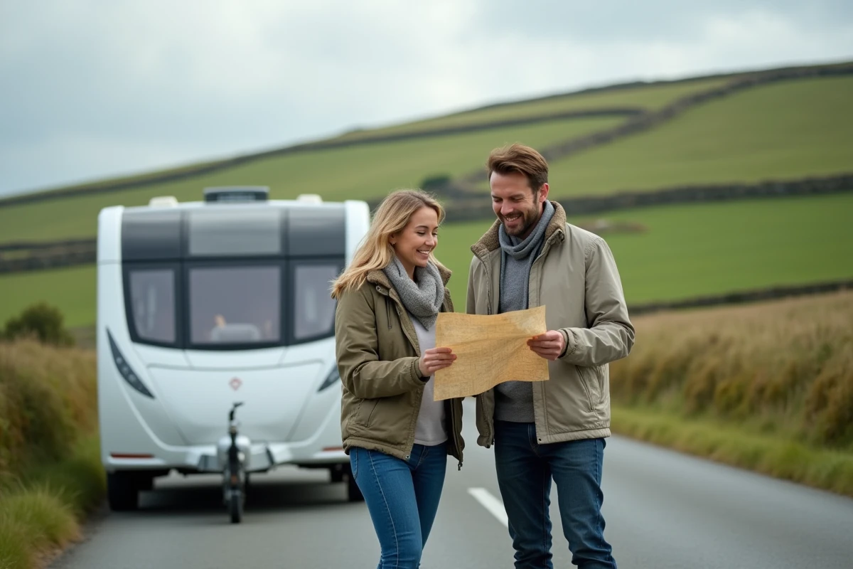 Couple en voyage avec une caravane compacte deux places accrochée à un SUV sur une route de campagne