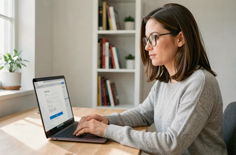 Femme créant une adresse mail Strasbourg sur son ordinateur portable dans un bureau à domicile moderne