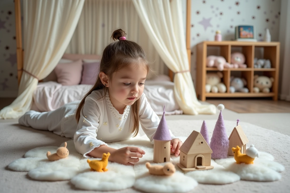 Petite fille en chemise de nuit arrangeant un village miniature féérique sur un tapis dans une chambre d'enfant décorée d'étoiles