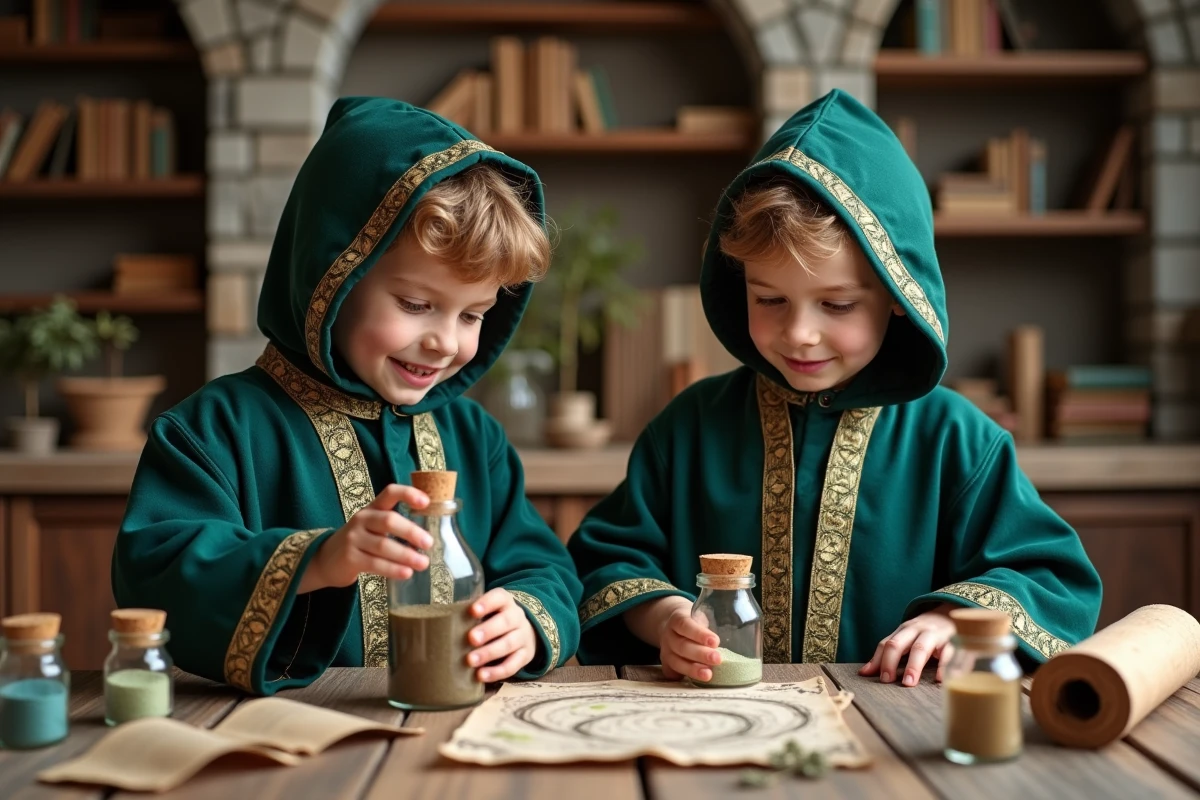 Deux garçons déguisés en sorciers préparant des potions magiques dans une salle de jeux décorée comme une apothicairerie médiévale