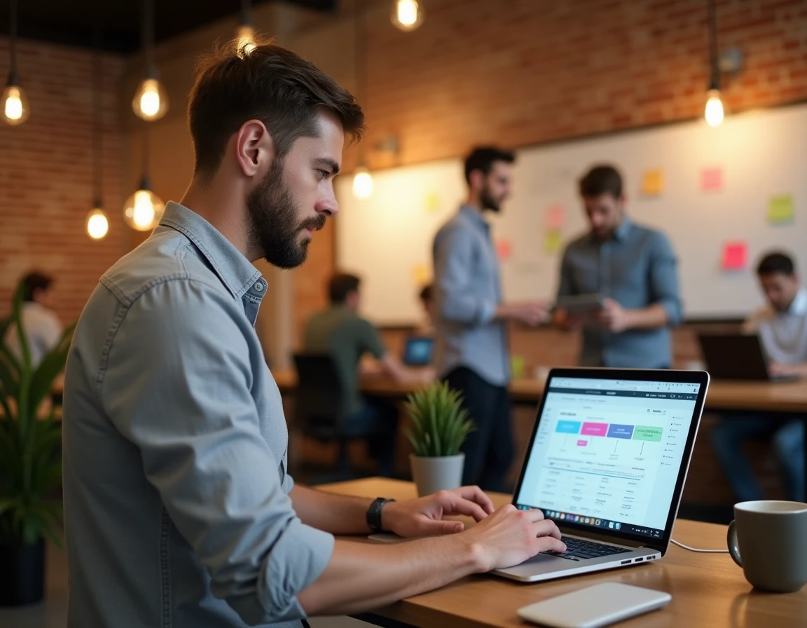 Entrepreneur en startup debout à son bureau consultant un logiciel CRM sur son ordinateur portable dans un espace de coworking