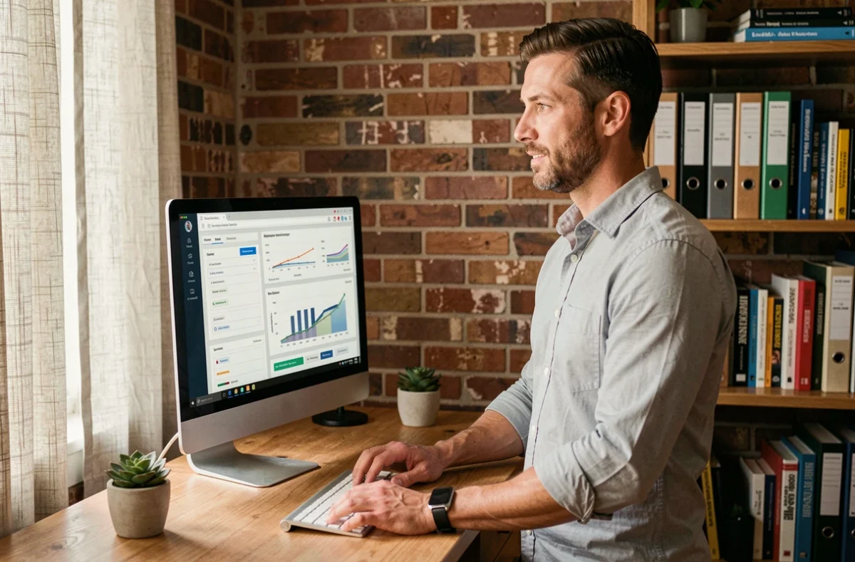 Entrepreneur masculin utilisant un logiciel de gestion d'entreprise sur ordinateur dans un bureau à domicile moderne