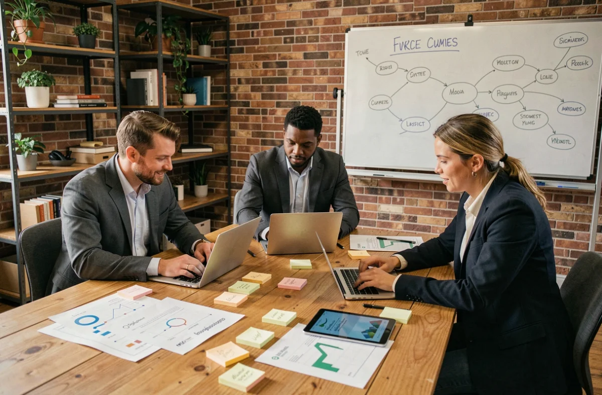 Équipe de professionnels collaborant autour d'une table sur une stratégie d'innovation digitale dans un espace de co-working