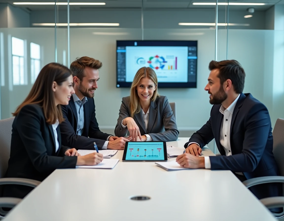 Équipe professionnelle réunie autour d'une table de réunion pour analyser une carte du parcours client sur une tablette CRM