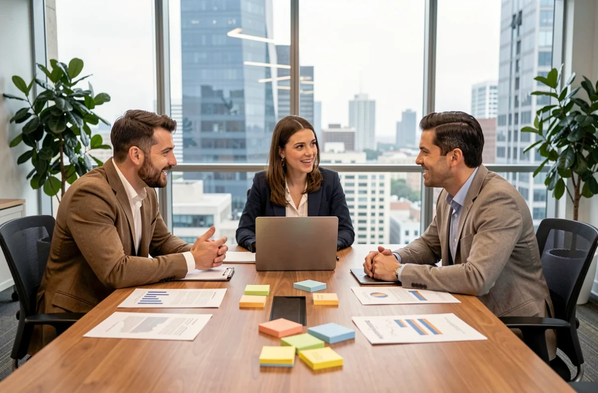 Équipe de professionnels collaborant autour d'une table de réunion pour simplifier la gestion de leur entreprise