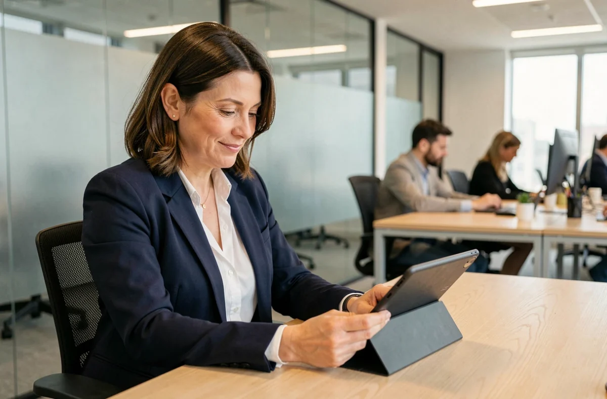 Femme d'affaires professionnelle gérant des documents numériques sur tablette dans un bureau moderne et organisé