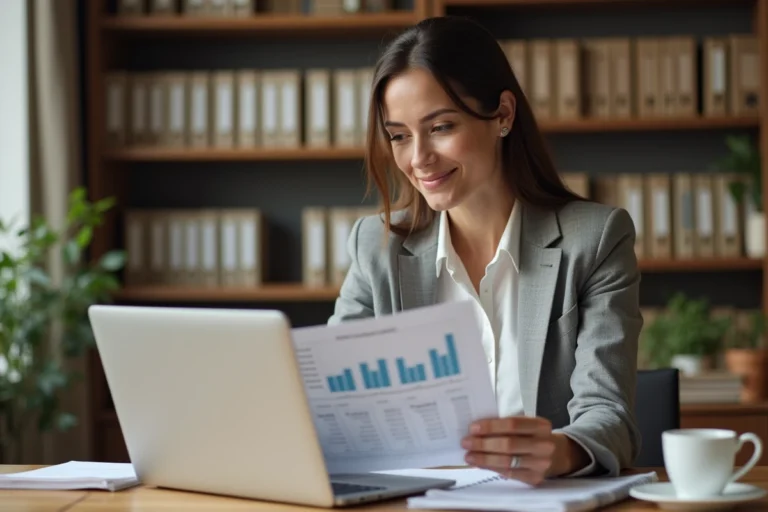 Femme consultant des documents financiers et un budget sur ordinateur portable dans un bureau à domicile moderne