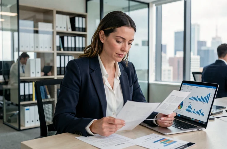 Femme cadre analysant des documents de crédit financier dans un bureau moderne