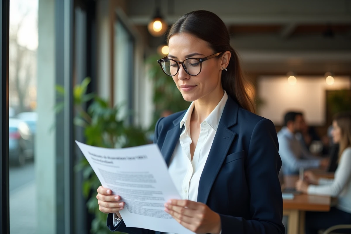 Femme professionnelle consultant un document officiel sur les statuts d'association loi 1901 dans un espace de travail moderne