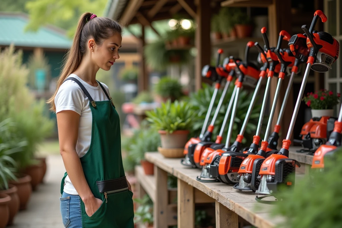Jeune femme inspectant des débroussailleuses en jardinerie