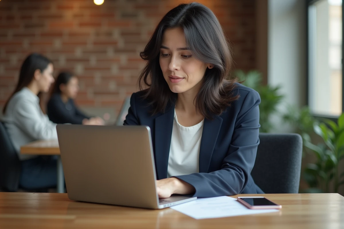 Femme professionnelle suivant une formation en ligne sur un ordinateur portable dans un espace de coworking moderne