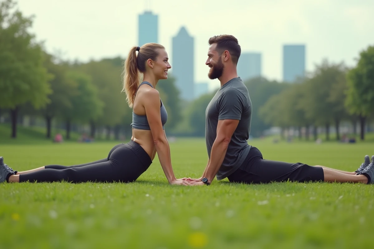 Homme et femme faisant étirement dans un parc en plein air