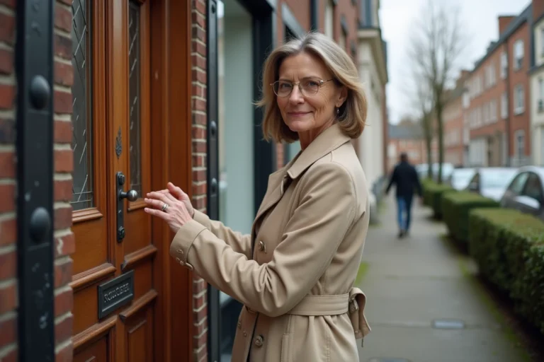 Femme en trench beige frappe à une porte belge