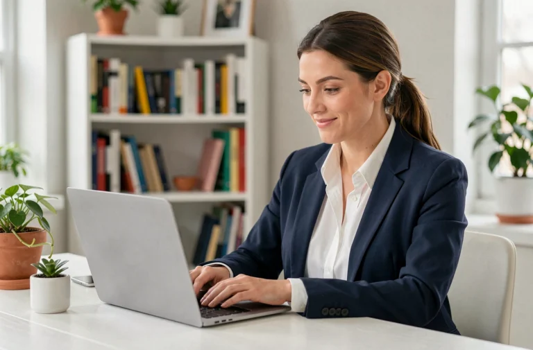 Femme professionnelle cherchant des opportunités d'emploi en ligne depuis son bureau à domicile