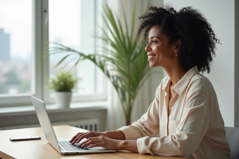 Femme consultant la plateforme Syplo sur un ordinateur portable pour trouver un logement