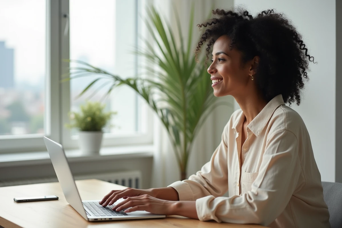 Femme consultant la plateforme Syplo sur un ordinateur portable pour trouver un logement